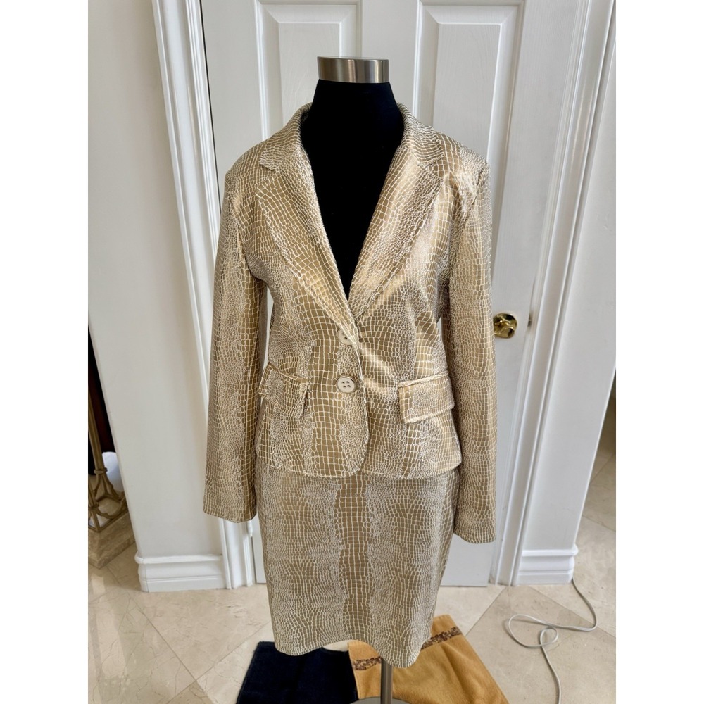 Mason Thomas Women's Gold Suit‎ Blazer And Skirt Sz M - Designer Animal Print
